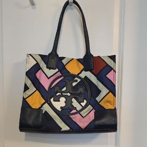 Tory Burch Chevron Tote in Navy, Pink, Yellow